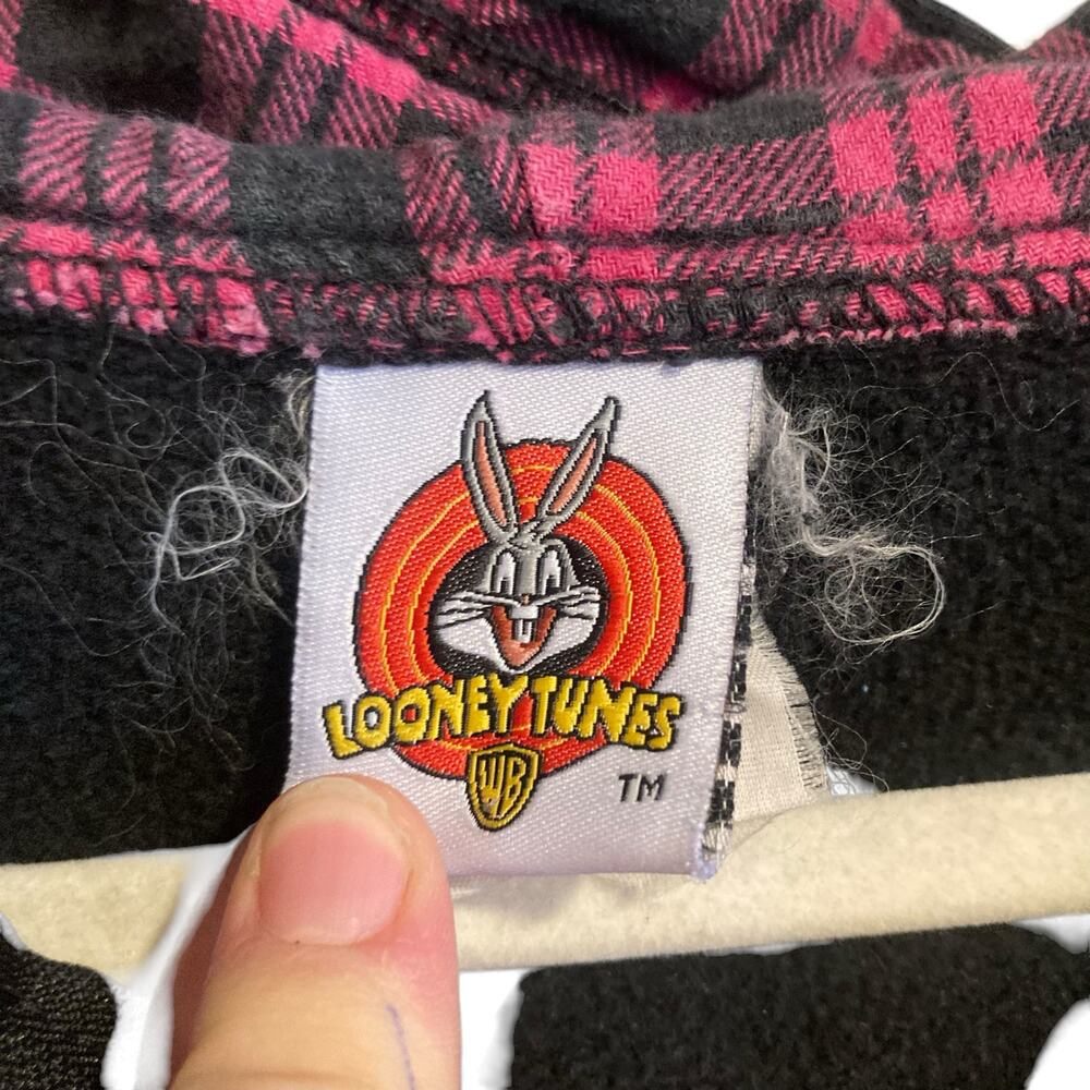Y2K Looney Tunes Black Pink Plaid Taz Tasmanian Devil cartoon Hoodie Size Medium - Picture 8 of 16